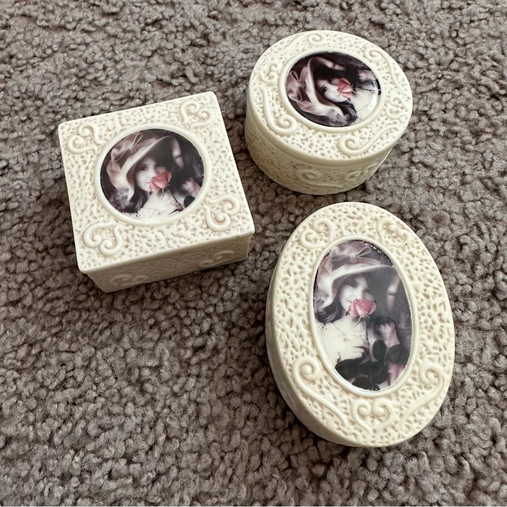 Enesco Kim Anderson's Pretty As A Picture Jewelry Box Vintage Set of 3